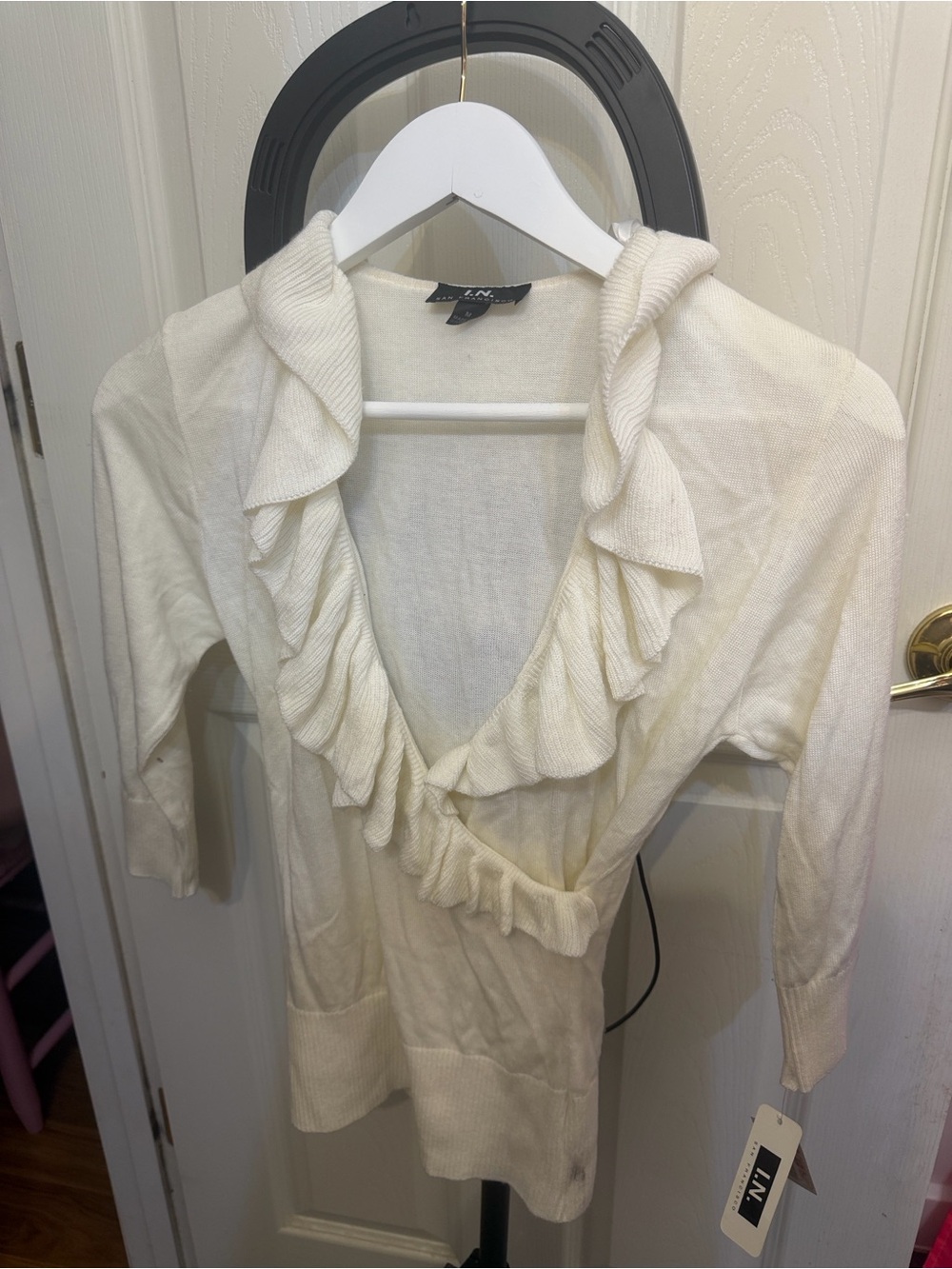 Cream Ruffle-Trim V-Neck Knit Top